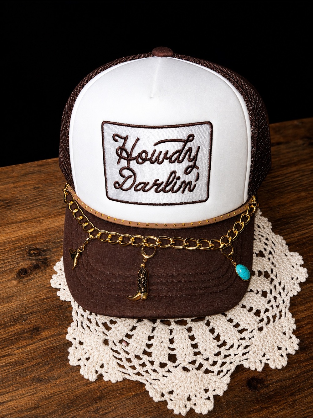 Howdy Darlin' Brown & White Trucker Hat with Gold Chain